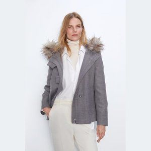 Zara Grey Coat with Faux Fur Hood Gray